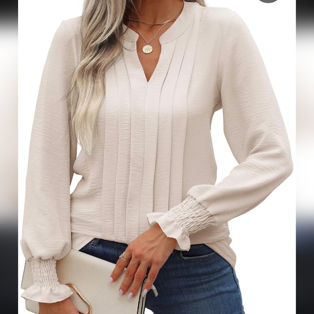 Zaayo Women's Pleated Front Solid Blouse V Neck, Casual Or Dressy- Sz Small